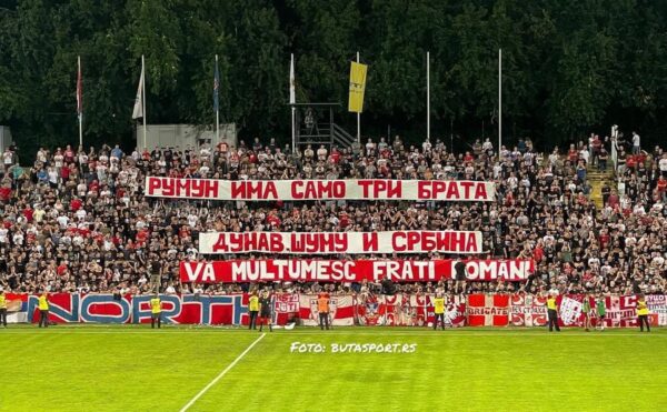 Fanii sârbilor de la Steaua Roșie Belgrad au avut un mesaj pentru suporterii români „Românul are doar trei frați: Dunărea, pădurea și sârbii. Vă mulțumim, frați români!”