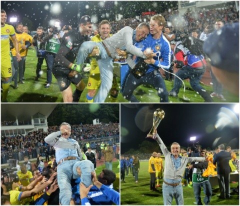 Steaua campioana României: Gigi Becali ridicat de jucători pe braţe