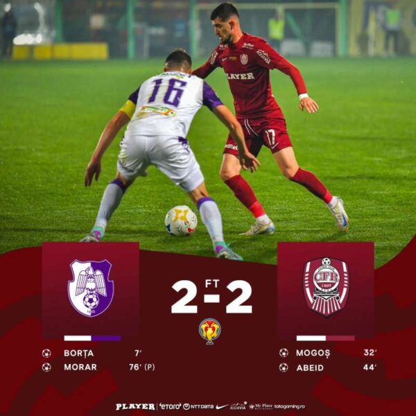 CFR Cluj a terminat la egalitate cu CFC Argeş, 2-2 (2-1). Joc slab