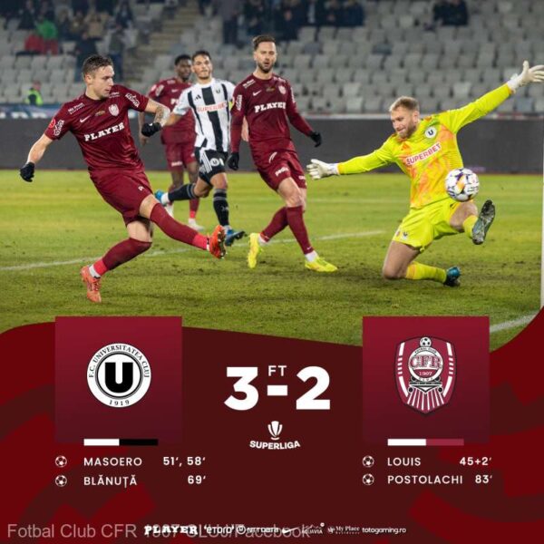 Universitatea Cluj a câştigat derby-ul cu concitadina CFR Cluj cu scorul de 3-2. Șepcile Roșii au jucat bambilici cu feroviarii