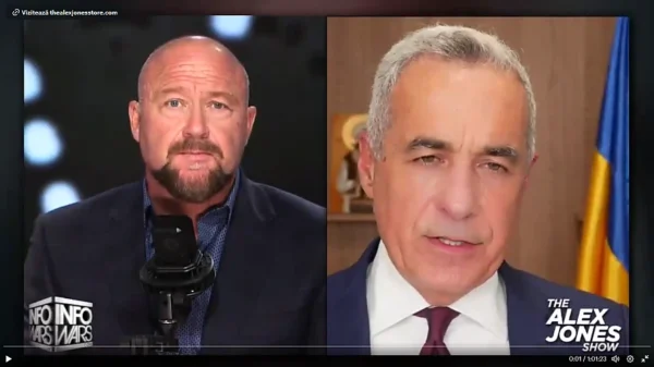 Călin Georgescu la emisiunea lui Alex Jones – jurnalistul american îl prezintă drept ”președintele României” și afirmă că îi va transmite președintelui Donald Trump ce se întâmplă.