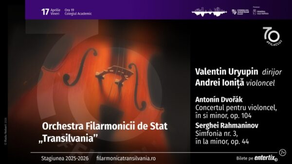 Valentin Uryupin și Andrei Ioniță, pe scena Filarmonicii de Stat „Transilvania”, într-un concert cu lucrări de Dvořák și Rahmaninov