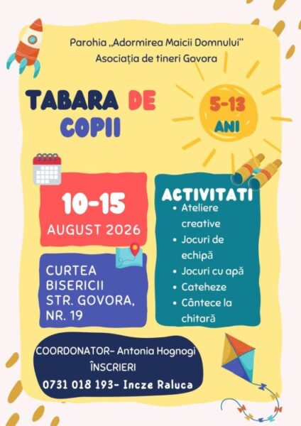 Tabără gratuită pentru copii, organizată la Parohia „Adormirea Maicii Domnului” din Cluj-Napoca. Grija pentru viitor