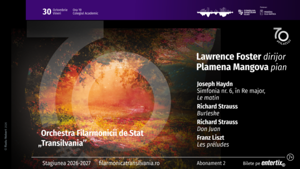 Lawrence Foster și pianista Plamena Mangova, într-un concert simfonic la Filarmonica de Stat „Transilvania”